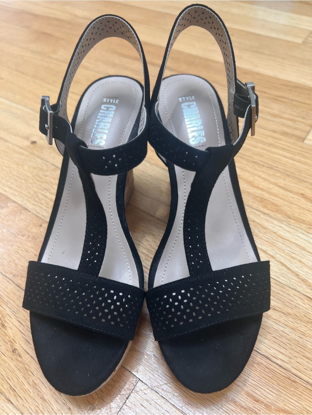 Charles By Charles David Link Black Microsuede Cork Wedge Sandals Size 6
